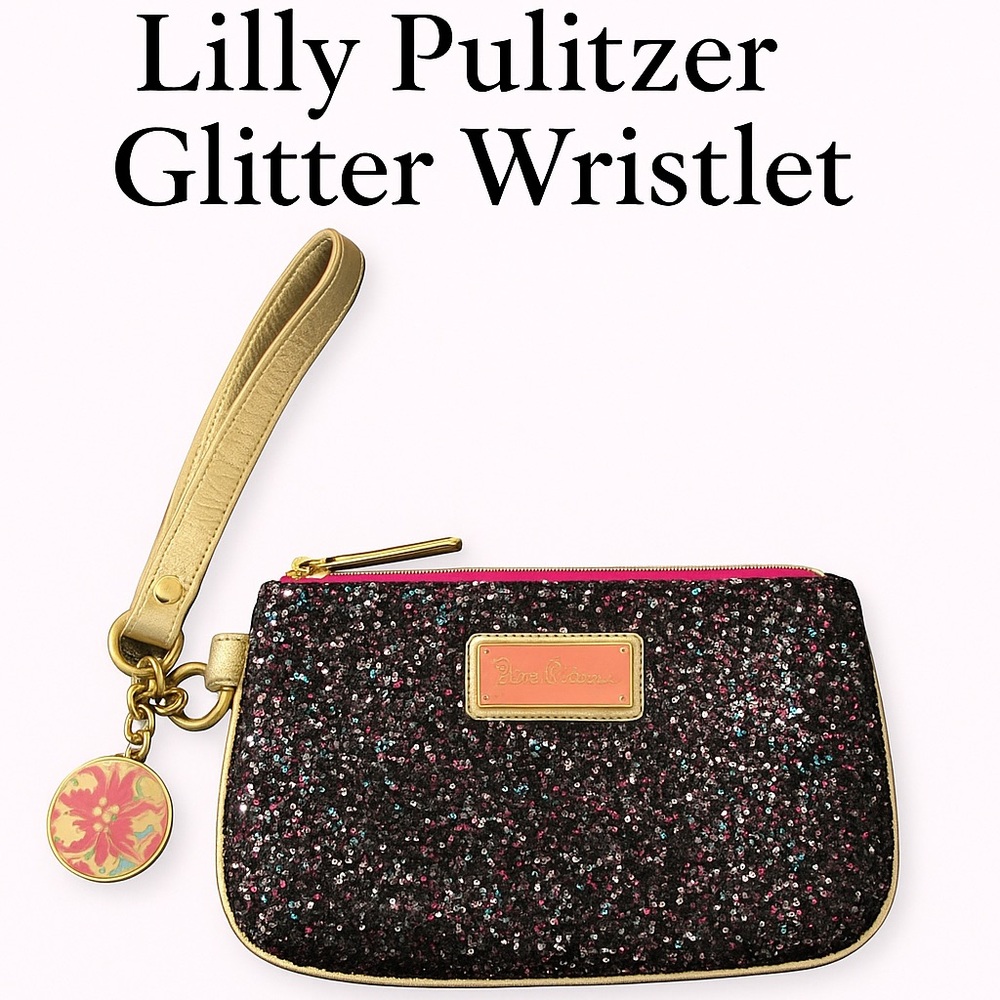 ✨ Lilly Pulitzer Glitter Wristlet – Multicolor Sparkle Gold Trim ✨